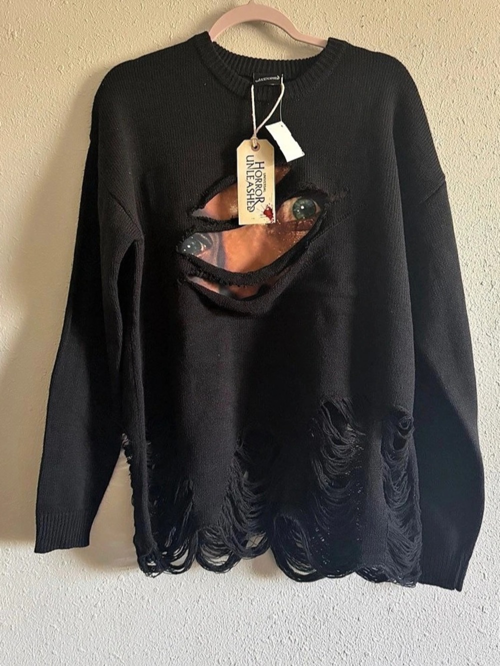 Horror Vacui Distressed Graphic Sweater in Black NWT